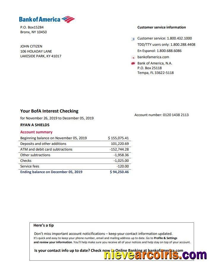 USA Bank of America bank statement easy to fill in Word and PDF format